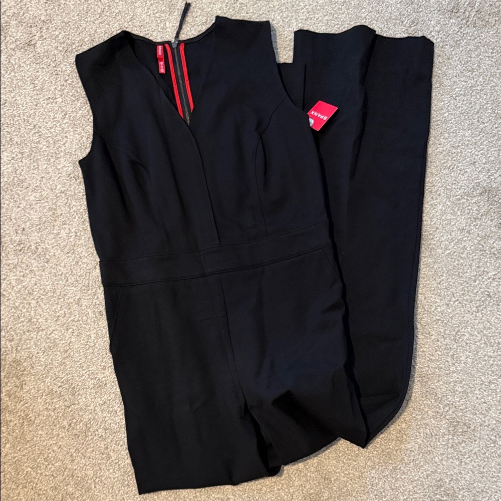 SPANX Black Sleeveless Tailored Jumpsuit with Red Zip Detail